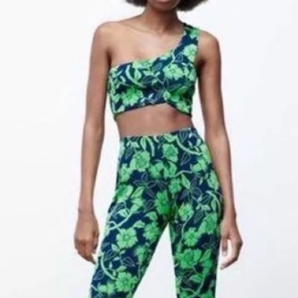 ZARA TOP ONLY Green Blue Jacquard Floral Print Crop Top Sz L NWT